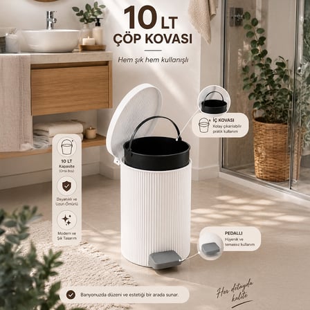 Porsima 0706-1 Still Beyaz 10 Litre Pedallı İç Kovalı Yuvarlak Banyo & Mutfak Çöp Kovası