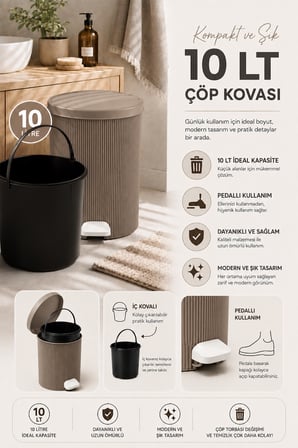 Porsima 0706-2 Still Mokka 10 Litre Pedallı İç Kovalı Yuvarlak Banyo & Mutfak Çöp Kovası