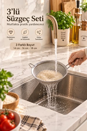 Porsima 4528 Paslanmaz Çelik 3'lü İnce Tel Süzgeç Seti - Un Eleği & Çay Süzgeci 14-16-18 cm