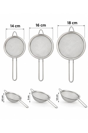 Porsima 4528 Paslanmaz Çelik 3'lü İnce Tel Süzgeç Seti - Un Eleği & Çay Süzgeci 14-16-18 cm