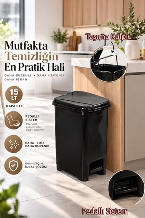 Porsima 0123-1 Siyah Slim Pedallı Çöp Kovası 15 Litre - Taşıma Kulplu Mutfak & Banyo Kovası