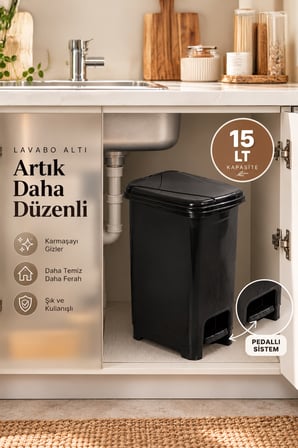 Porsima 0123-1 Siyah Slim Pedallı Çöp Kovası 15 Litre - Taşıma Kulplu Mutfak & Banyo Kovası