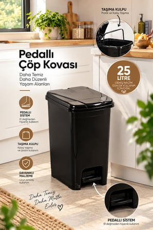 Porsima 0131-1 Siyah Slim Pedallı Çöp Kovası 25 Litre - Taşıma Kulplu Mutfak & Banyo Kovası