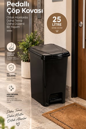 Porsima 0131-1 Siyah Slim Pedallı Çöp Kovası 25 Litre - Taşıma Kulplu Mutfak & Banyo Kovası