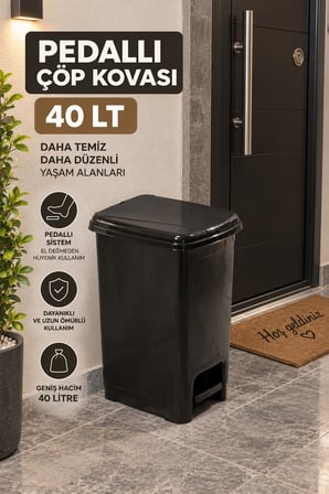 Porsima 0122-1 Slim 40 Lt Pedallı Çöp Kovası Siyah - Taşıma Kulplu Büyük Boy Mutfak Kovası