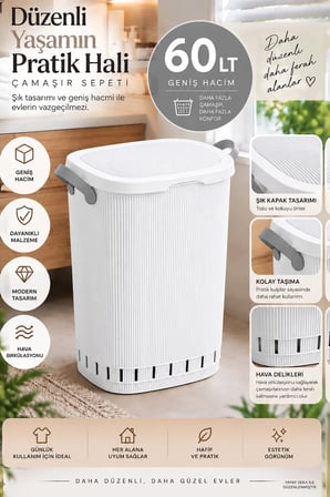 Porsima 0157-1 Still Beyaz 60 Litre Kirli Çamaşır Sepeti - Kapaklı Kulplu Banyo Sepeti