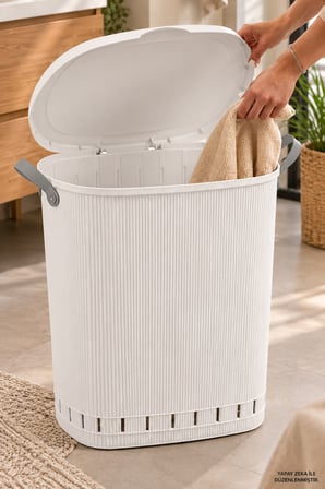 Porsima 0157-1 Still Beyaz 60 Litre Kirli Çamaşır Sepeti - Kapaklı Kulplu Banyo Sepeti