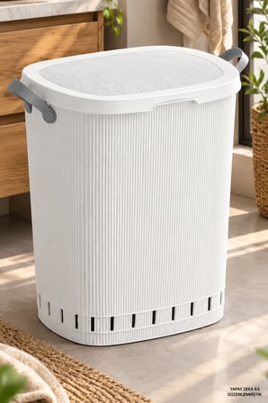 Porsima 0157-1 Still Beyaz 60 Litre Kirli Çamaşır Sepeti - Kapaklı Kulplu Banyo Sepeti