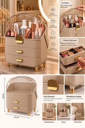 Porsima 865-011 Premium 3 Katlı Bej Makyaj Organizatörü - Çekmeceli Kapaklı Kozmetik Saklama Kutusu