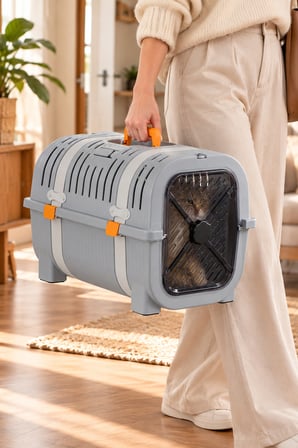 Porsima 0000 Premium Kedi Köpek Taşıma Çantası Ve Kafesi Gri Sarı - Emniyet Kemerli Taşıma Kutusu
