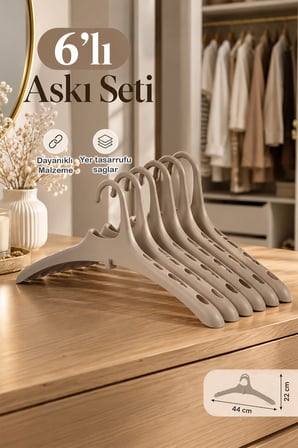 Porsima Krem Harmoni 6'lı Plastik Elbise Askısı Kaymaz Tasarımlı 44 cm