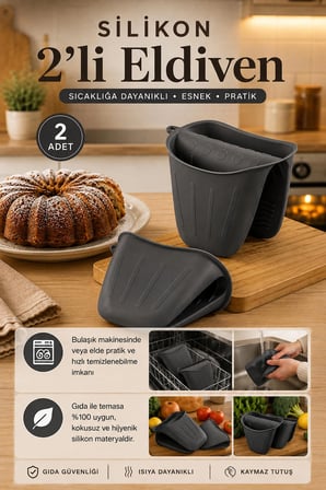 Porsima 33006 Silikon 2'li Isı Yalıtımlı Fırın Eldiveni & Tepsi Tutacağı - Antrasit