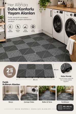 Porsima 0775 Antrasit 2'li Plastik Kaymaz Zemin Karosu - Balkon Banyo & Teras 40x40 cm