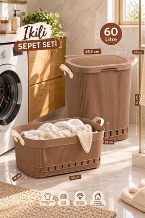 Porsima 60 Lt Kapaklı Kirli Çamaşır Sepeti ve Still Sele Seti Mokka - Banyo Düzenleyici