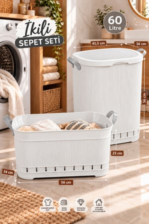 Porsima 60 Lt Kapaklı Kirli Çamaşır Sepeti ve Still Sele Seti Beyaz - Banyo Düzenleyici