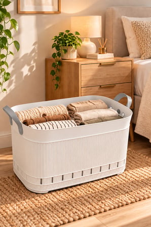 Porsima 60 Lt Kapaklı Kirli Çamaşır Sepeti ve Still Sele Seti Beyaz - Banyo Düzenleyici