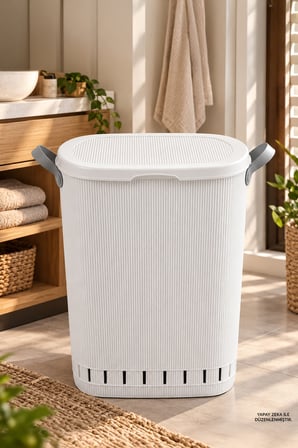 Porsima 60 Lt Kapaklı Kirli Çamaşır Sepeti ve Still Sele Seti Beyaz - Banyo Düzenleyici