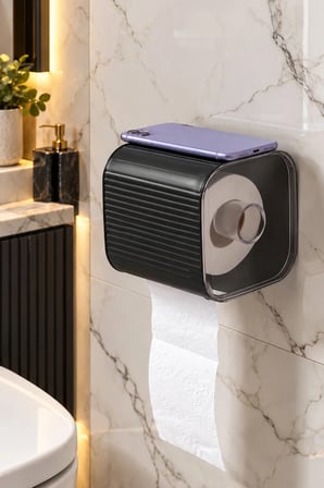 Porsima 5351 Still Yapışkanlı Banyo Tuvalet Kağıtlığı Siyah - Raflı Kapaklı Duvar Aparatı