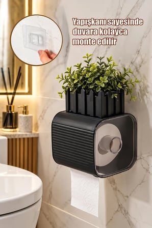Porsima 5351 Still Yapışkanlı Banyo Tuvalet Kağıtlığı Siyah - Raflı Kapaklı Duvar Aparatı