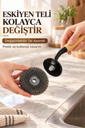 Porsima Bambu Saplı 2'li Bulaşık Ve Lavabo Temizlik Seti - Değiştirilebilir Paslanmaz Tel Bulaşık Fırçası & Çok Amaçlı Yıkama Fırçası (Siyah)