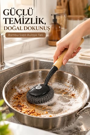 Porsima Bambu Saplı 2'li Bulaşık Ve Lavabo Temizlik Seti - Değiştirilebilir Paslanmaz Tel Bulaşık Fırçası & Çok Amaçlı Yıkama Fırçası (Siyah)