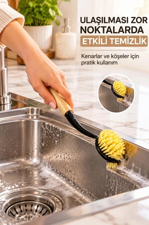 Porsima Bambu Saplı 2'li Bulaşık Ve Lavabo Temizlik Seti - Değiştirilebilir Paslanmaz Tel Bulaşık Fırçası & Çok Amaçlı Yıkama Fırçası (Siyah)