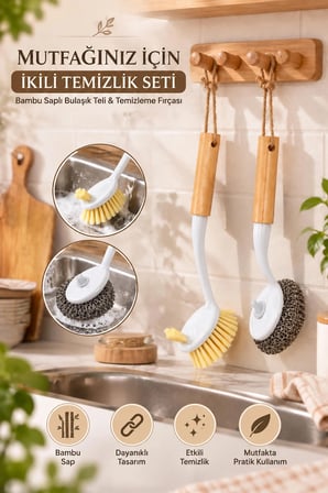 Porsima Bambu Saplı 2'li Bulaşık Ve Lavabo Temizlik Seti - Değiştirilebilir Paslanmaz Tel Bulaşık Fırçası & Çok Amaçlı Yıkama Fırçası (Beyaz)