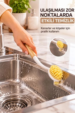 Porsima Bambu Saplı 2'li Bulaşık Ve Lavabo Temizlik Seti - Değiştirilebilir Paslanmaz Tel Bulaşık Fırçası & Çok Amaçlı Yıkama Fırçası (Beyaz)