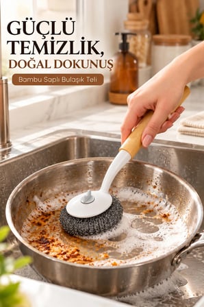 Porsima Bambu Saplı 2'li Bulaşık Ve Lavabo Temizlik Seti - Değiştirilebilir Paslanmaz Tel Bulaşık Fırçası & Çok Amaçlı Yıkama Fırçası (Beyaz)