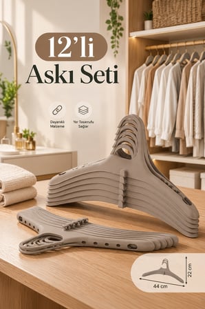 Porsima Krem Harmoni 12'li Plastik Elbise Askısı Kaymaz Tasarımlı 44 cm