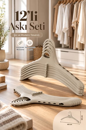 Porsima Bej Harmoni 12'li Elbise Askısı Seti-Kaydırmaz Tasarımlı 44 cm