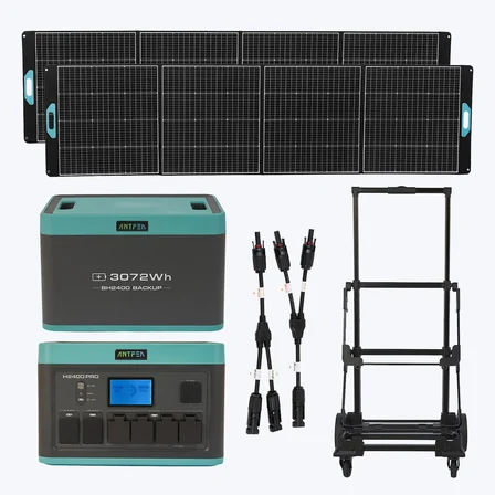 ANTFEA H2400 Pro Taşınabilir Güç Kaynağı + BH2400 Backup Yedek Batarya + 2 adet 400W Taşınabilir Güneş Paneli + H2400 Taşıma Römorku + Güneş Paneli Paralelleme Kablosu [ 2.4 kW / 4.9 kWh / 800 W ]