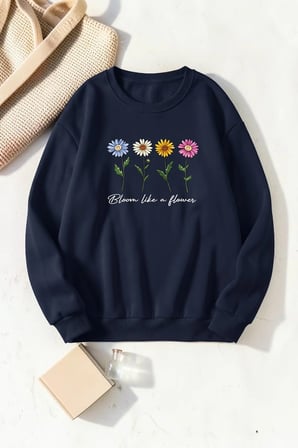 Unisex Bloom Papatya Baskılı Bisiklet Yaka Sweatshirt