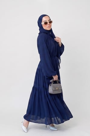 Yaka Çiçek Detaylı Balon Kol Bağlamalı Şal Setli  Şifon Elbise