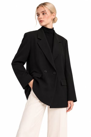 Kruvaze Düğmeli Kapak Cepli Geniş Yaka Blazer Ceket