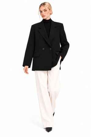 Kruvaze Düğmeli Kapak Cepli Geniş Yaka Blazer Ceket