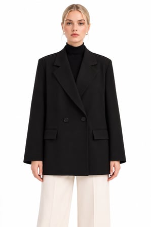 Kruvaze Düğmeli Kapak Cepli Geniş Yaka Blazer Ceket