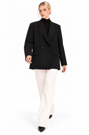 Kruvaze Düğmeli Kapak Cepli Geniş Yaka Blazer Ceket
