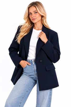 Kruvaze Düğmeli Kapak Cepli Geniş Yaka Blazer Ceket