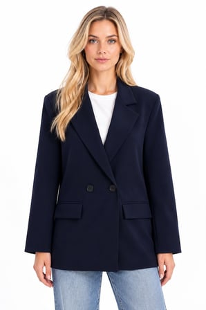 Kruvaze Düğmeli Kapak Cepli Geniş Yaka Blazer Ceket