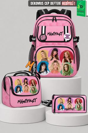 x Dekomus Lisanslı Manifest Toz Pembe Collection Okul Çantası,Beslenme Çantası ve Kalem Çantası Seti