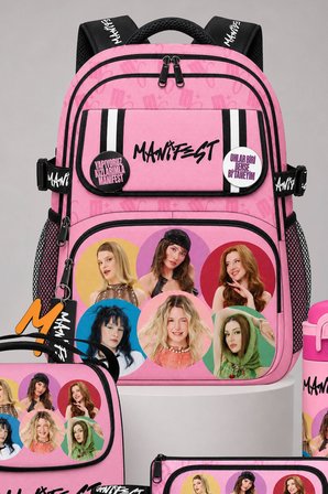 x Dekomus Lisanslı Manifest Toz Pembe Collection Okul,Termoslu Beslenme Çantası ve Kalem Çantası,600 ML Çelik Matara Seti