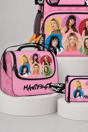 x Dekomus Lisanslı Manifest Toz Pembe Collection Okul,Termoslu Beslenme Çantası ve Kalem Çantası,600 ML Çelik Matara Seti