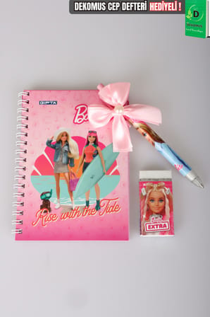 x Dekomus Lisanslı Barbie A6 Bloknot, Kurdele Başlıklı Uçlu Kalem ve Silgi Seti