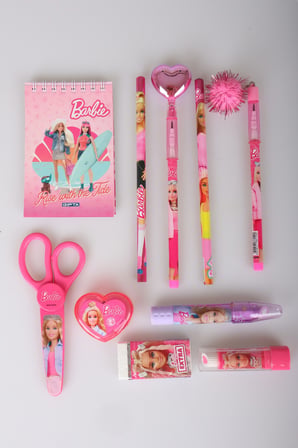 x Dekomus Lisanslı Barbie 10 Parça Kırtasiye Seti Makas,Bloknot,Ponpon Başlıklı Geçmeli Kurşun Kalem,Roket Silgi,Kalpli Kalemtraş 