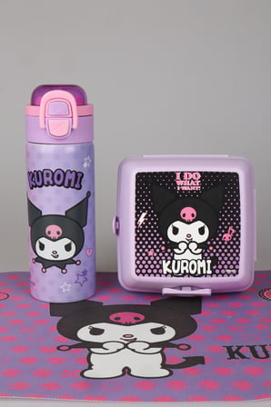 x Dekomus Lisanslı Kuromi Dark Delight Collection 600 ML Çelik Matara,Beslenme Kabı,Beslenme Örtüsü Seti