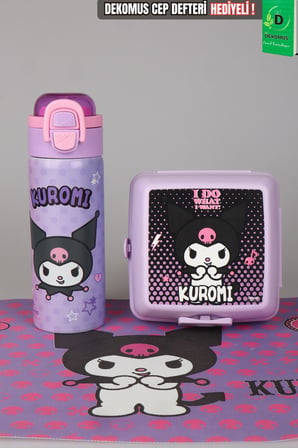 x Dekomus Lisanslı Kuromi Dark Delight Collection 600 ML Çelik Matara,Beslenme Kabı,Beslenme Örtüsü Seti