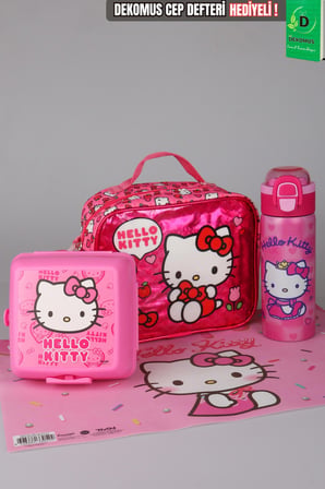 x Dekomus Lisanslı Hello Kitty Love Shine Collection Beslenme Çantası,600 ML Çelik Matara,Beslenme Örtüsü ve Beslenme Kabı Seti