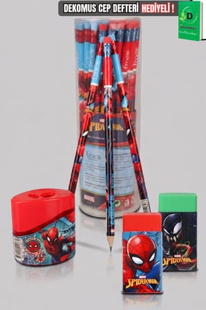 x Dekomus Lisanslı Spiderman 3 Adet Silgili Kurşun Kalem,Kalemtraş ve Silgi Seti