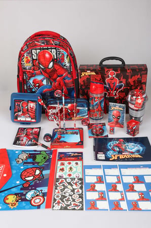 x Dekomus Lisanslı Spiderman 32 Parça Kırtasiye Seti Okul ve Kalem Çantası,Matara,Beslenme Kabı,Saplı Çanta Kırtasiye Seti